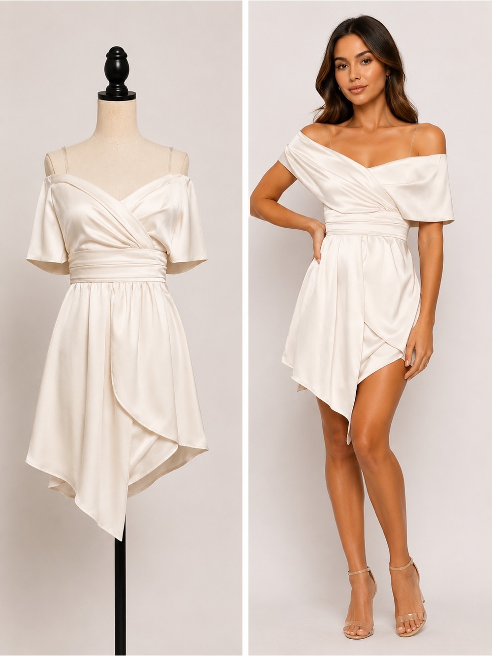 Lulus Always Celebrating Ivory Satin Off-the-Shoulder Mini Dress Wedding Guest M